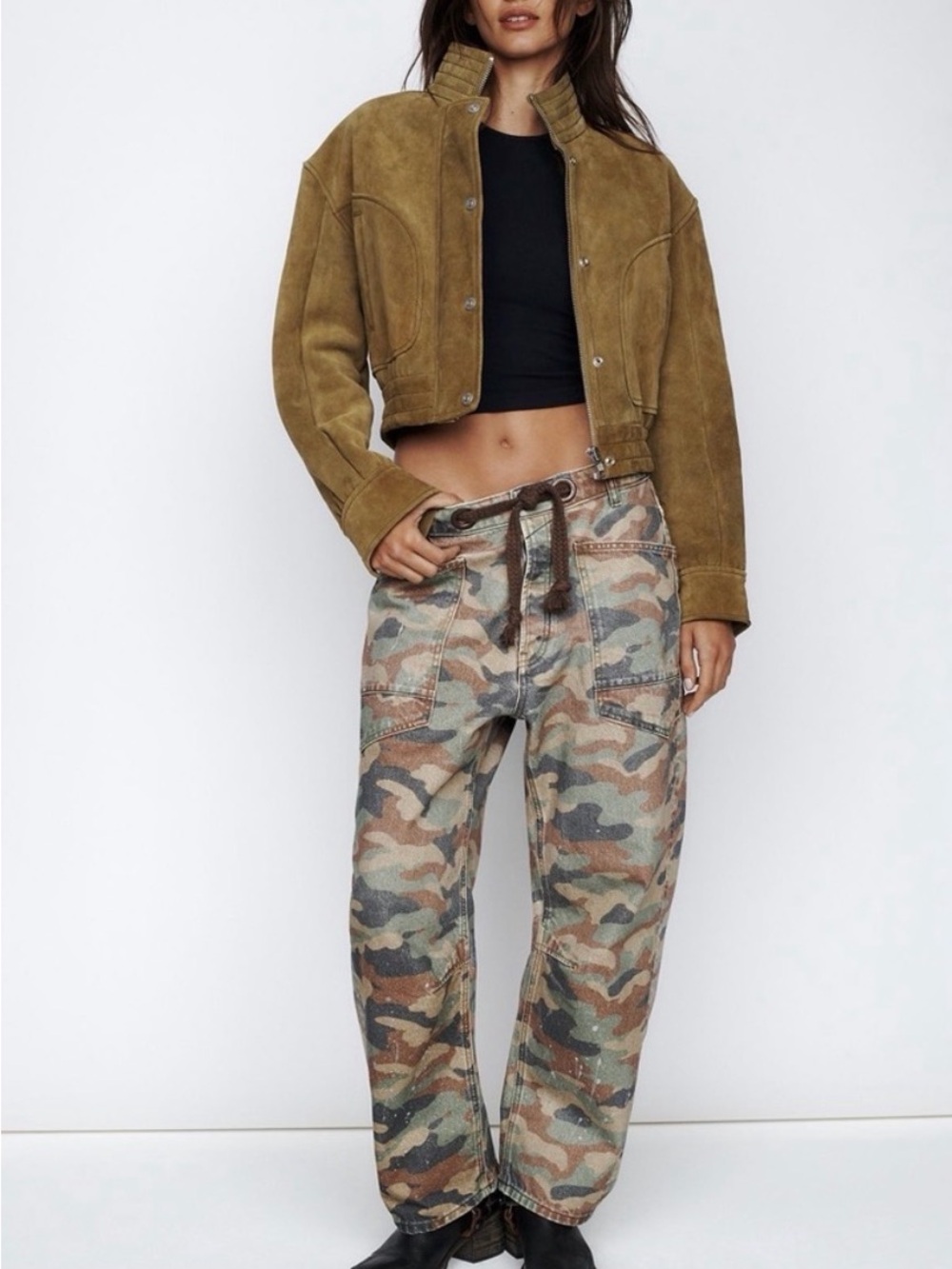 Free People Camo Wide Leg Jeans in Olive, Tan, Brown